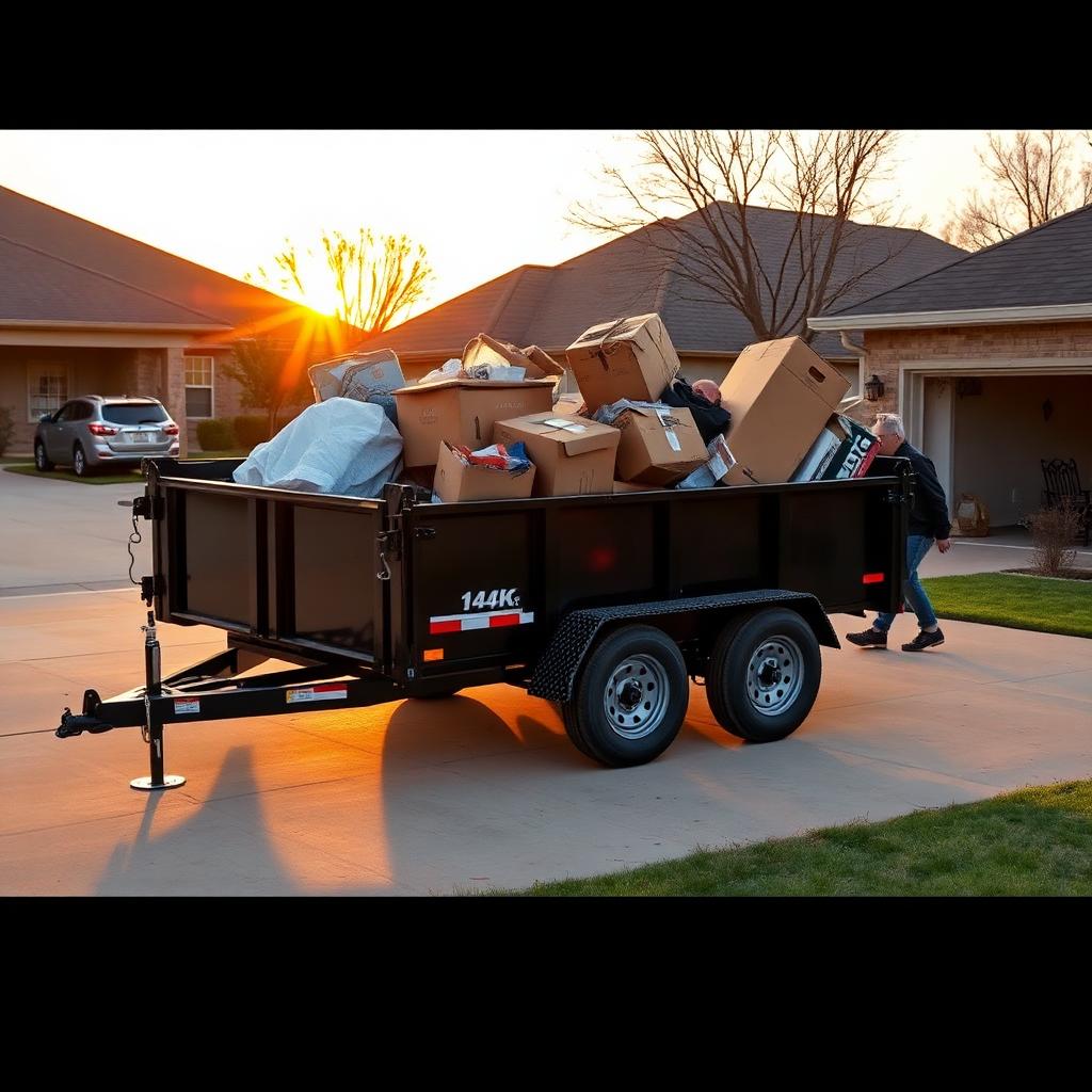 Black 14k Load Trail dump trailer loaded with household junk during a garage cleanout