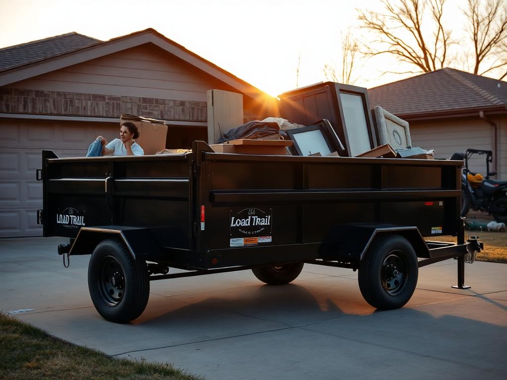 Black 14k Load Trail dump trailer loaded with household junk during a garage cleanout