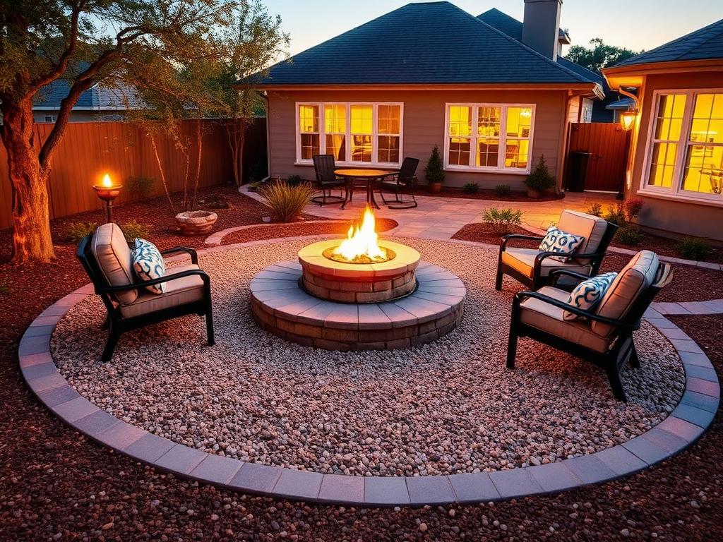 Pea gravel fire pit patio installed in a backyard
