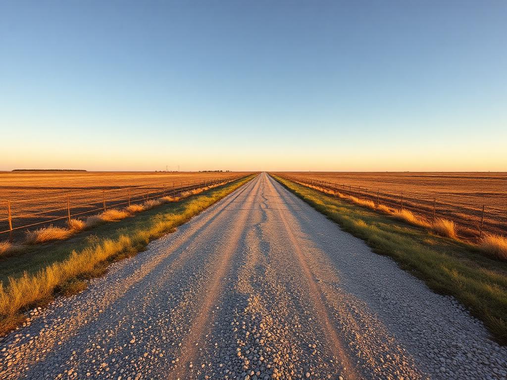 Freshly graded gravel road base driveway across a rural Texas ranch